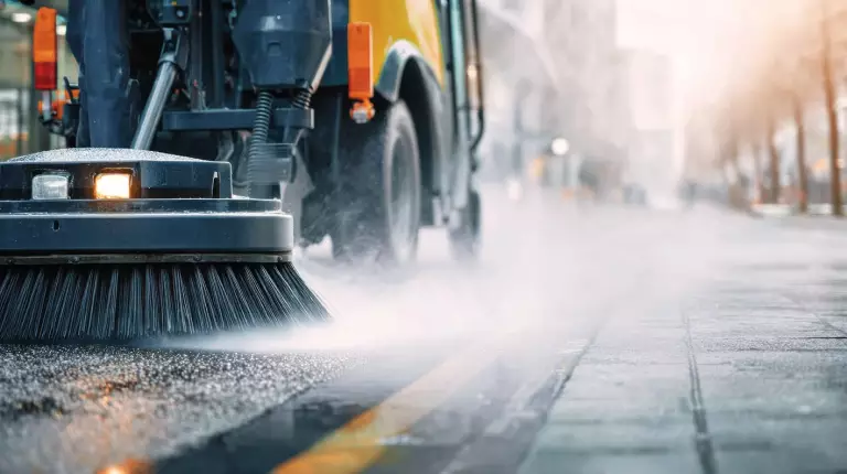 Bürste einer Kehrmaschine reinigt am Straßenrand mit Wasserstrahl
