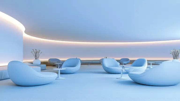 Modernes Interieur einer Hotel-Lobby mit warmer indirekter Beleuchtung, geschwungenen Formen und großen Sesseln, in kühlem blauen Licht