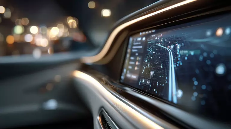 Bildschirm eines Navigationssystems in einem modernen Fahrzeug bei Nacht